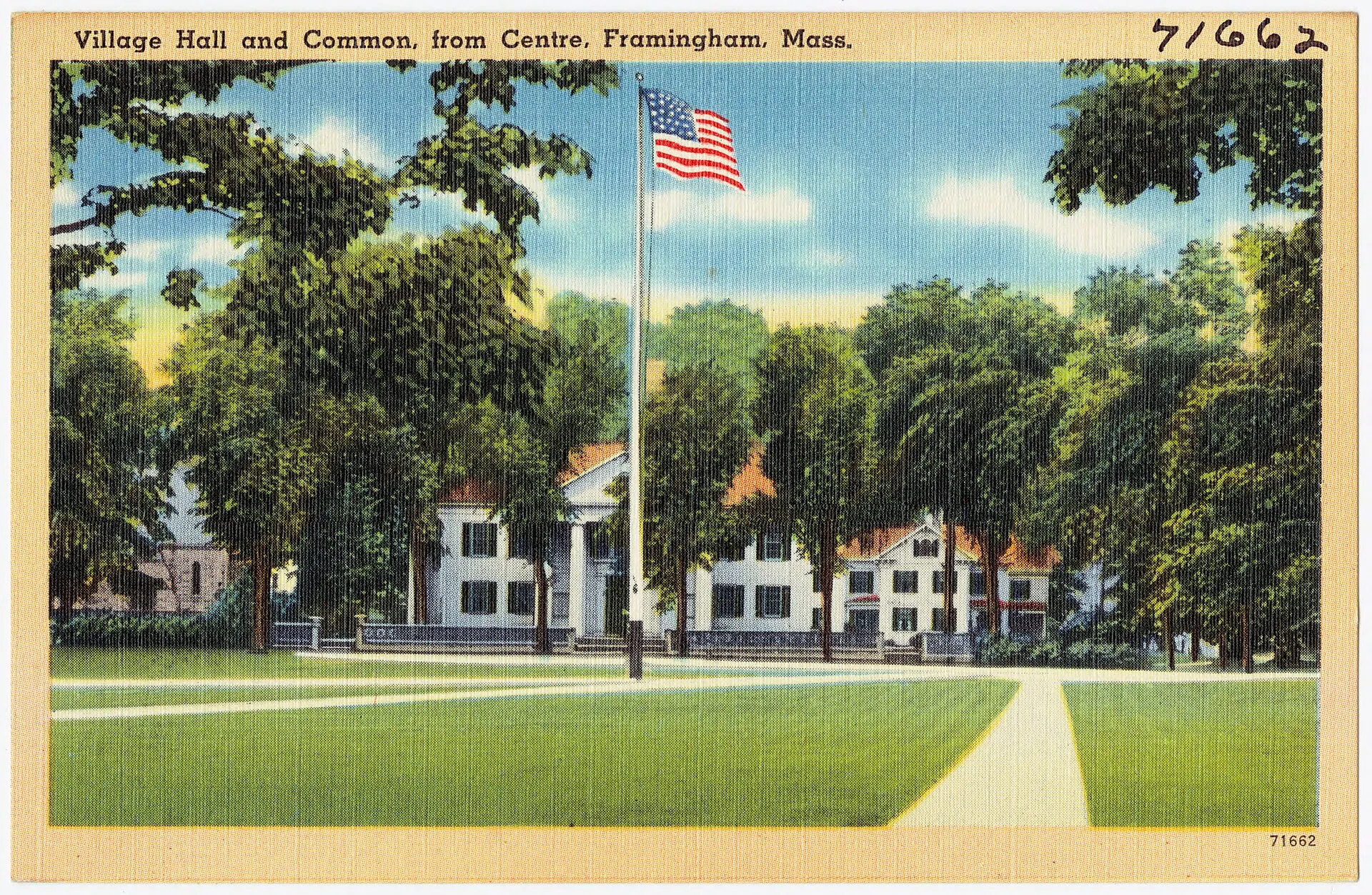 Title: Village hall and common, from centre, Framingham, Mass.