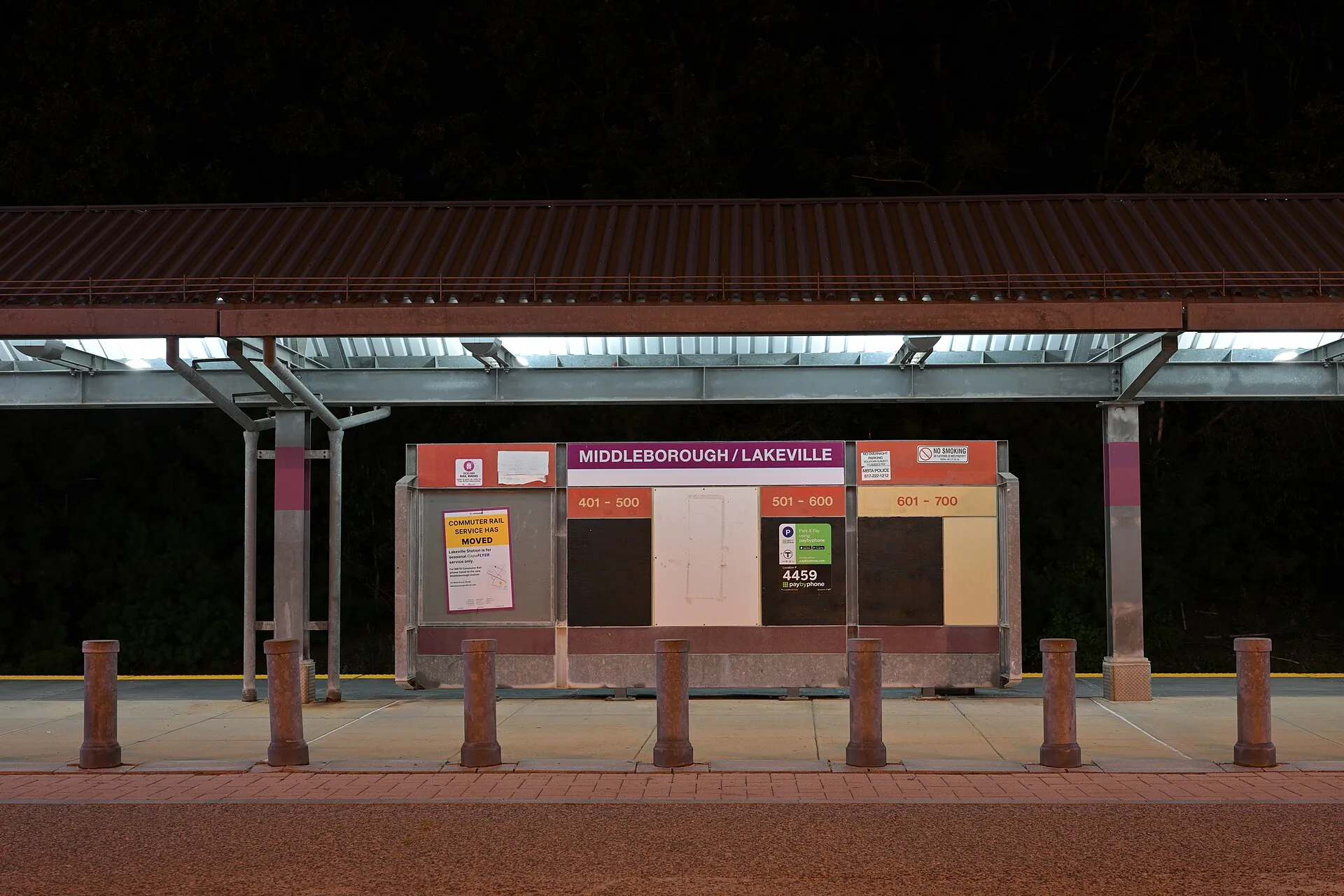 Lakeville station sign, August 2026 — commuter-rail service ended with the opening of the nearby Middleborough station; only the seasonal CapeFLYER stops here now.