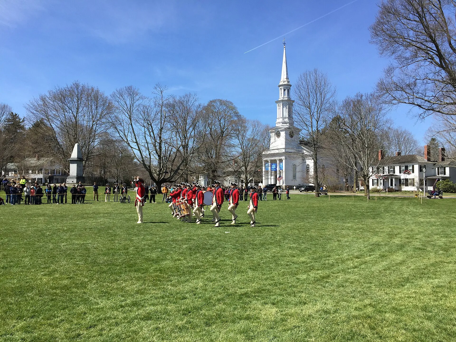 The US Army Old Guard Fife & Drum Corps performs a concert on the Lexington, MA, USA Battle Green on Patriots Day weekend in 2018, commemorating the 242nd anniversary of the Battle of Lexington which started the American Revolution.