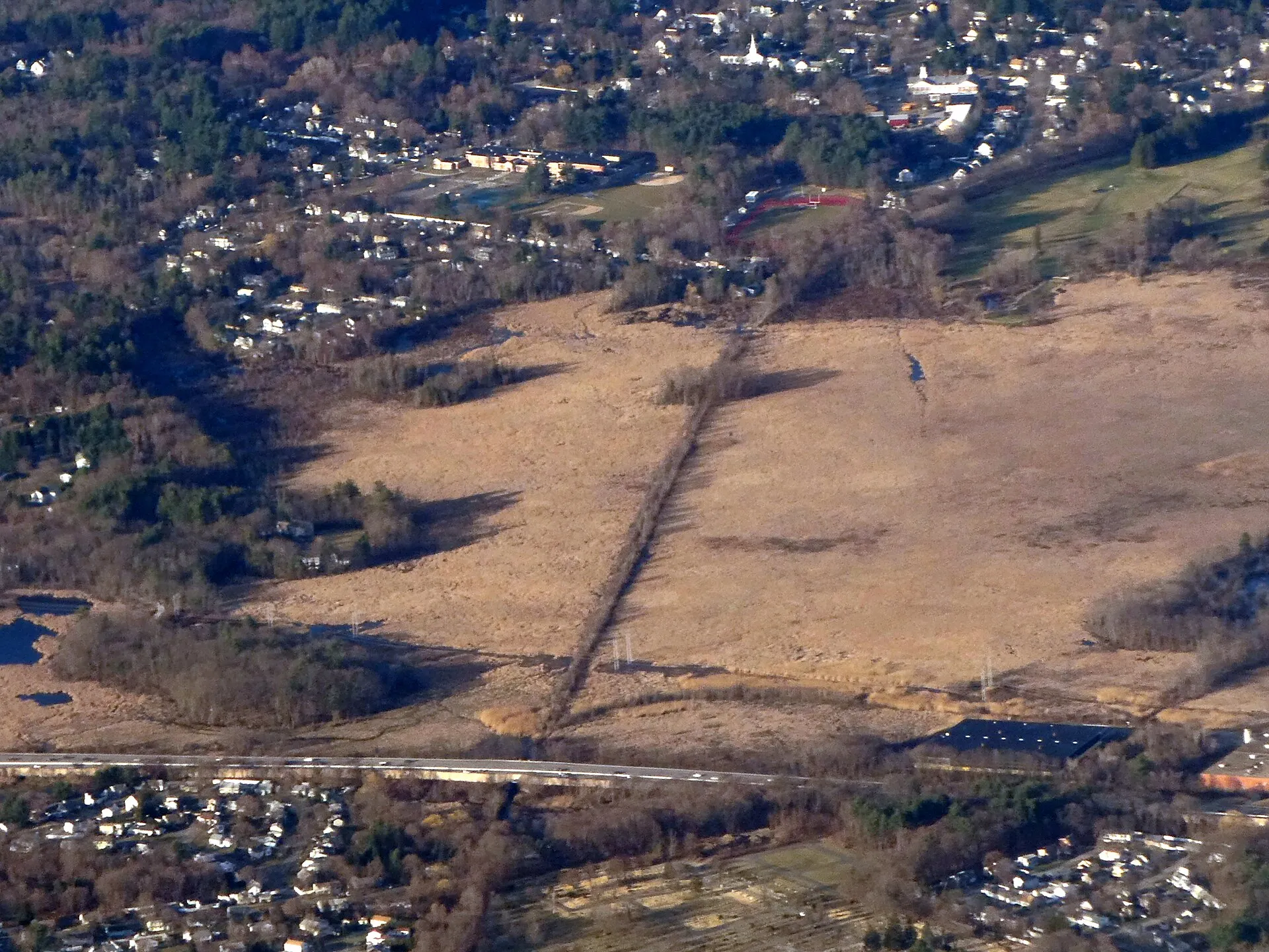 Aerial view of the former Newburyport Branch causeway in Lynnfield in March 2022