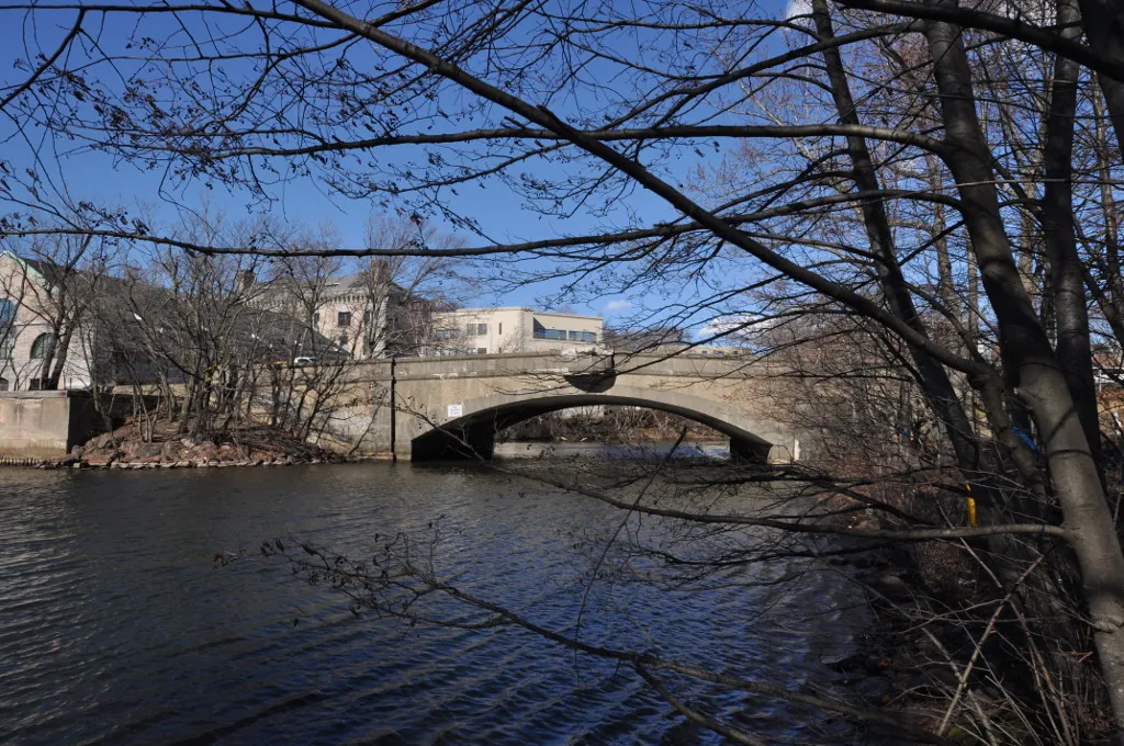 Mystic Valley Parkway bridge over the Mystic River near Medford Square, Massachusetts.