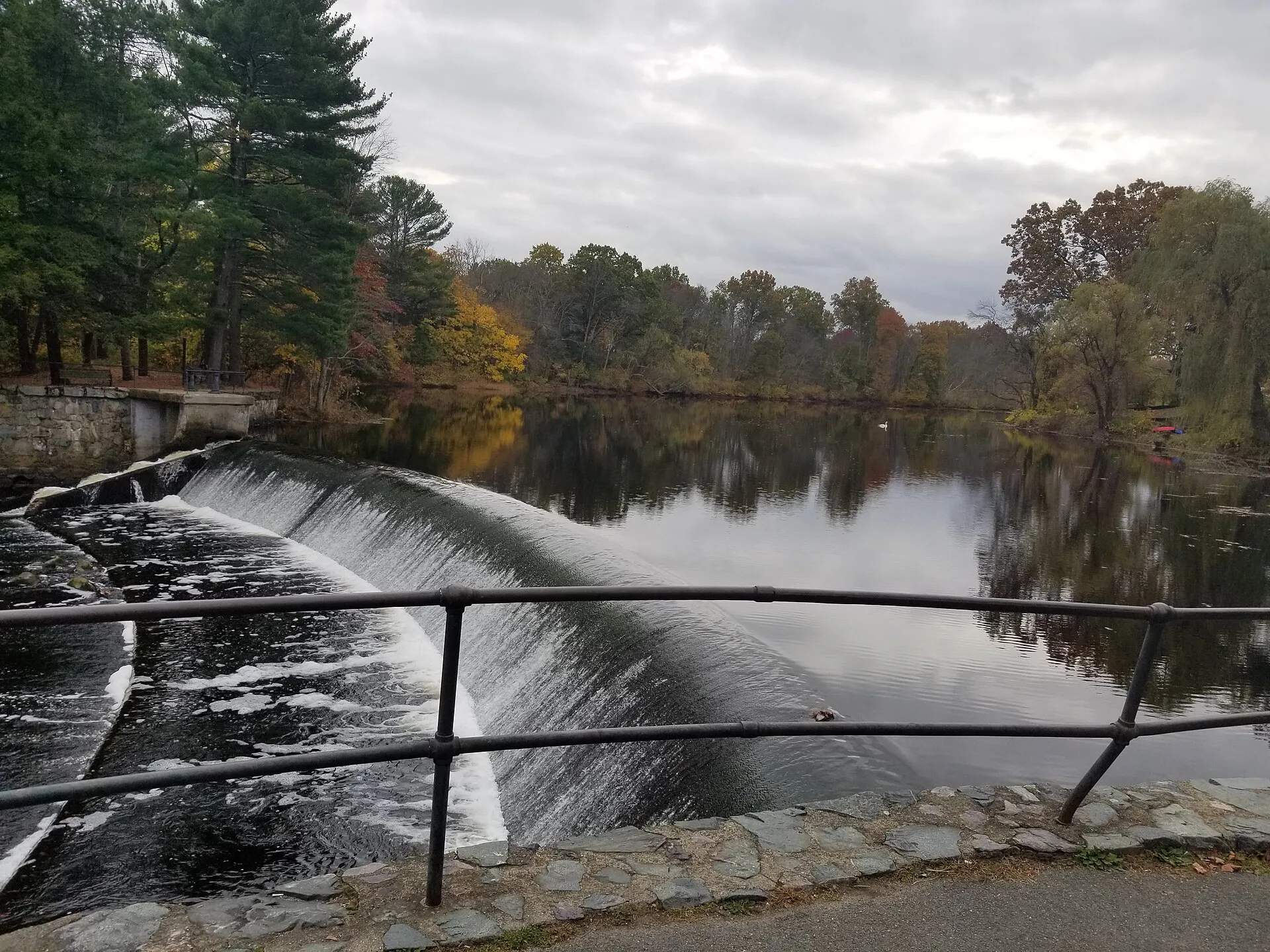 Charles River dam and reservoir in South Natick Massachusetts USA.