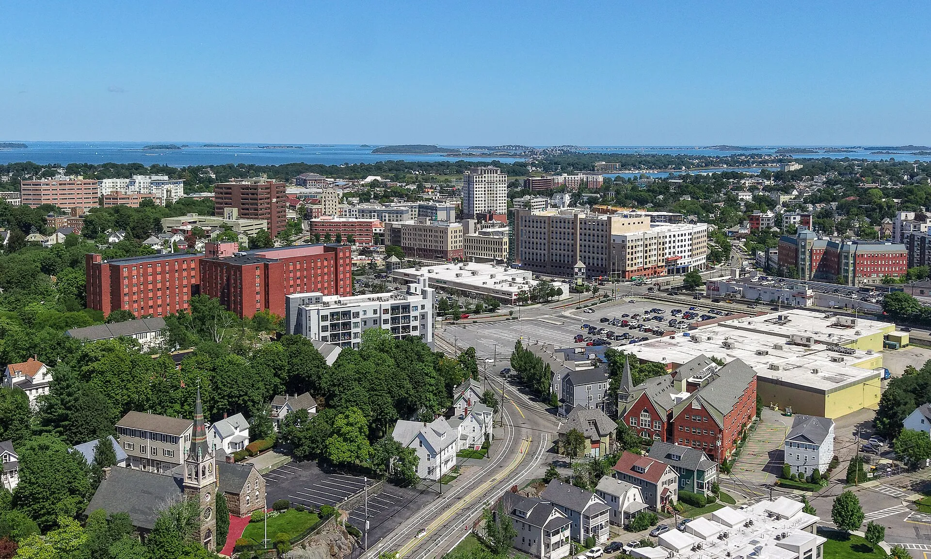 Aerial view of downtown Quincy, Massachusetts, a city of 101,636 residents known as the “City of Presidents” as the birthplace of John Adams and John Quincy Adams.