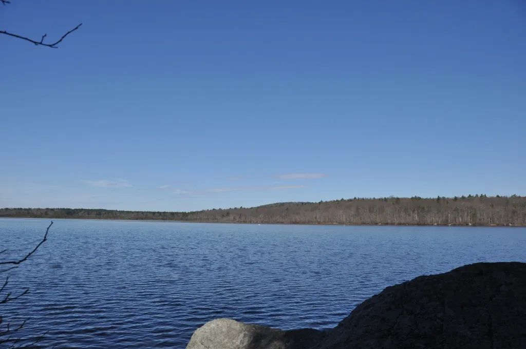 Ponkapoag Pond in Randolph, Massachusetts, part of the Blue Hills Reservation. Great Blue Hill is visible in the distance.