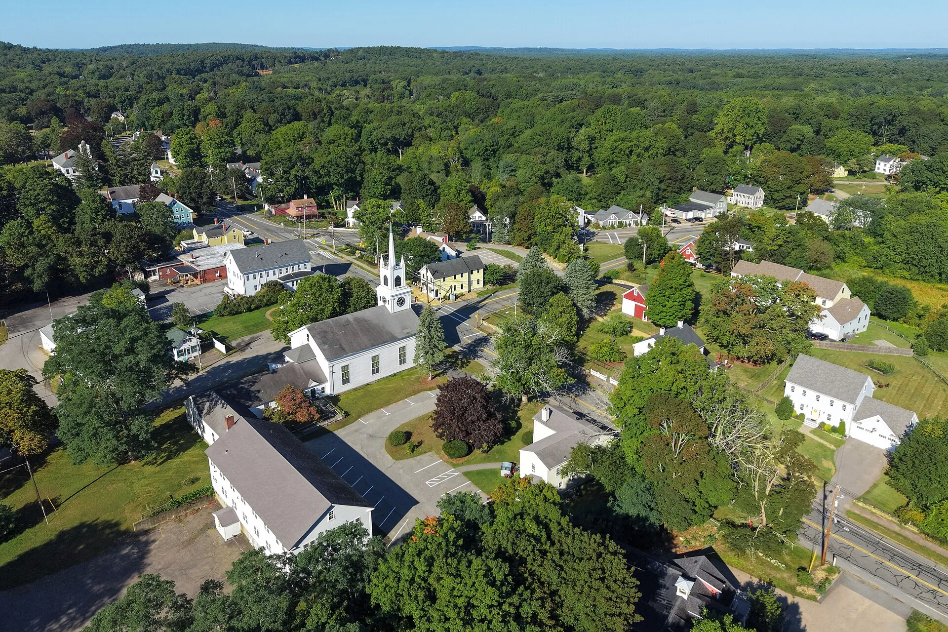 Aerial view of the historic center of Rowley, Massachusetts, a town of 6,161 residents founded by English Puritans in 1639 and historically known for farming and textile production.