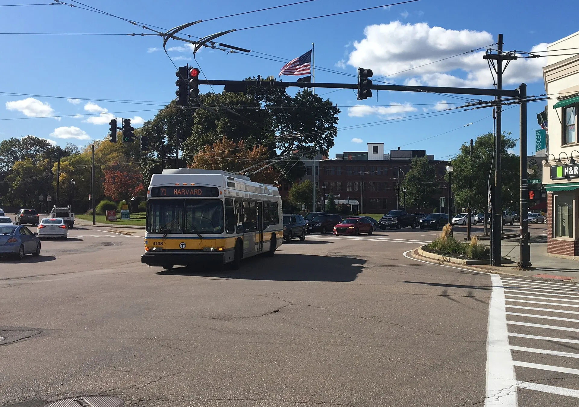 MBTA route 71 trolleybus leaving Watertown Square in October 2019.