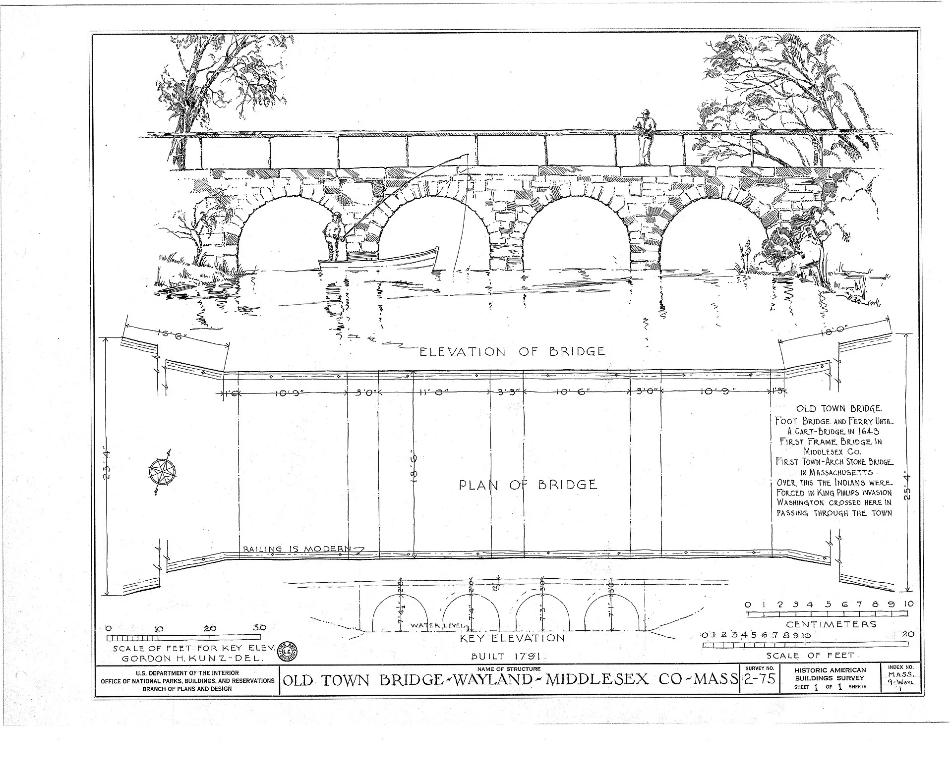 Old Town Bridge over the Sudbury River, built 1791 by William Russell, near Wayland Country Club and Baldwin Pond, Wayland, Massachusetts, USA. Historic American Buildings Survey (Library of Congress), Survey number HABS MA-2-75, https://www.loc.gov/pictures/item/MA0818/.