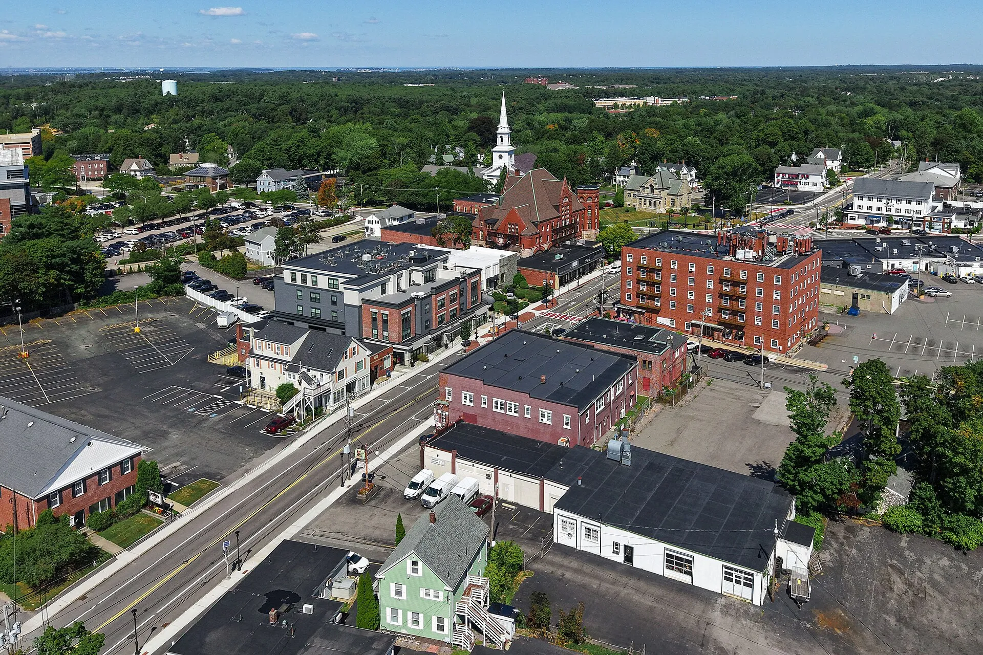 Aerial view of South Weymouth, one of the four village centers of Weymouth, Massachusetts, a city of 57,437 residents on Boston’s South Shore.