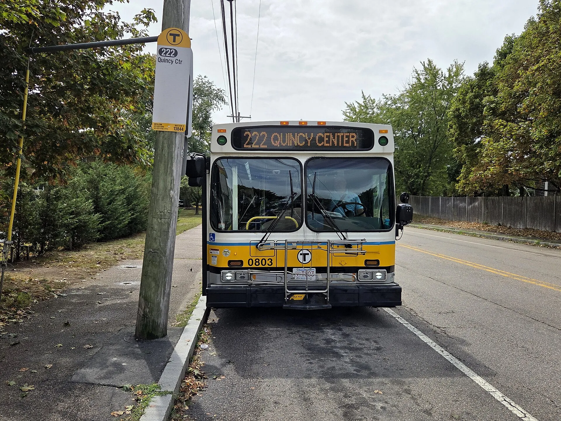 MBTA route 222 bus laying over at Lovell Corners in Weymouth in September 2026