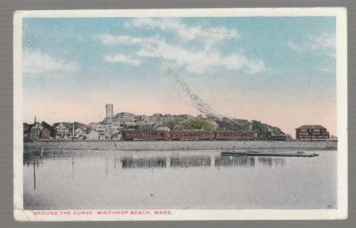 1916-postmarked postcard of a Boston, Revere Beach and Lynn Railroad train navigating the curve at Winthrop Beach. The curve was built to allow the railroad to use an offshore causeway rather than buying expensive waterfront properties.