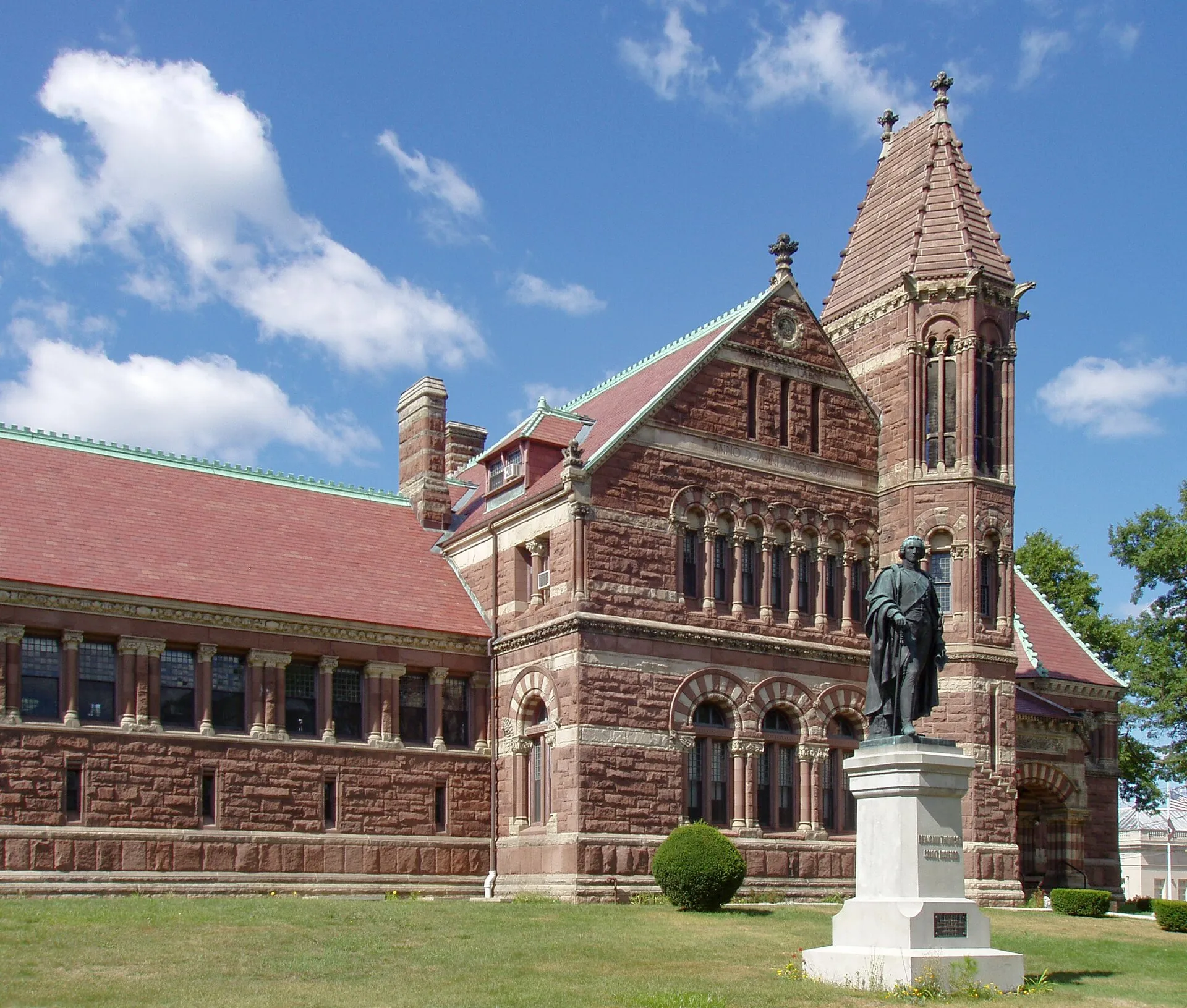 Library in Woburn, Massachusetts. The building was designed by noted architect H. H. Richardson. The statue is of native son Benjamin Thompson, Count Rumford; it is a copy of the original by Caspar Zumbusch in Munich, Germany. Photograph taken by me, September 2005.