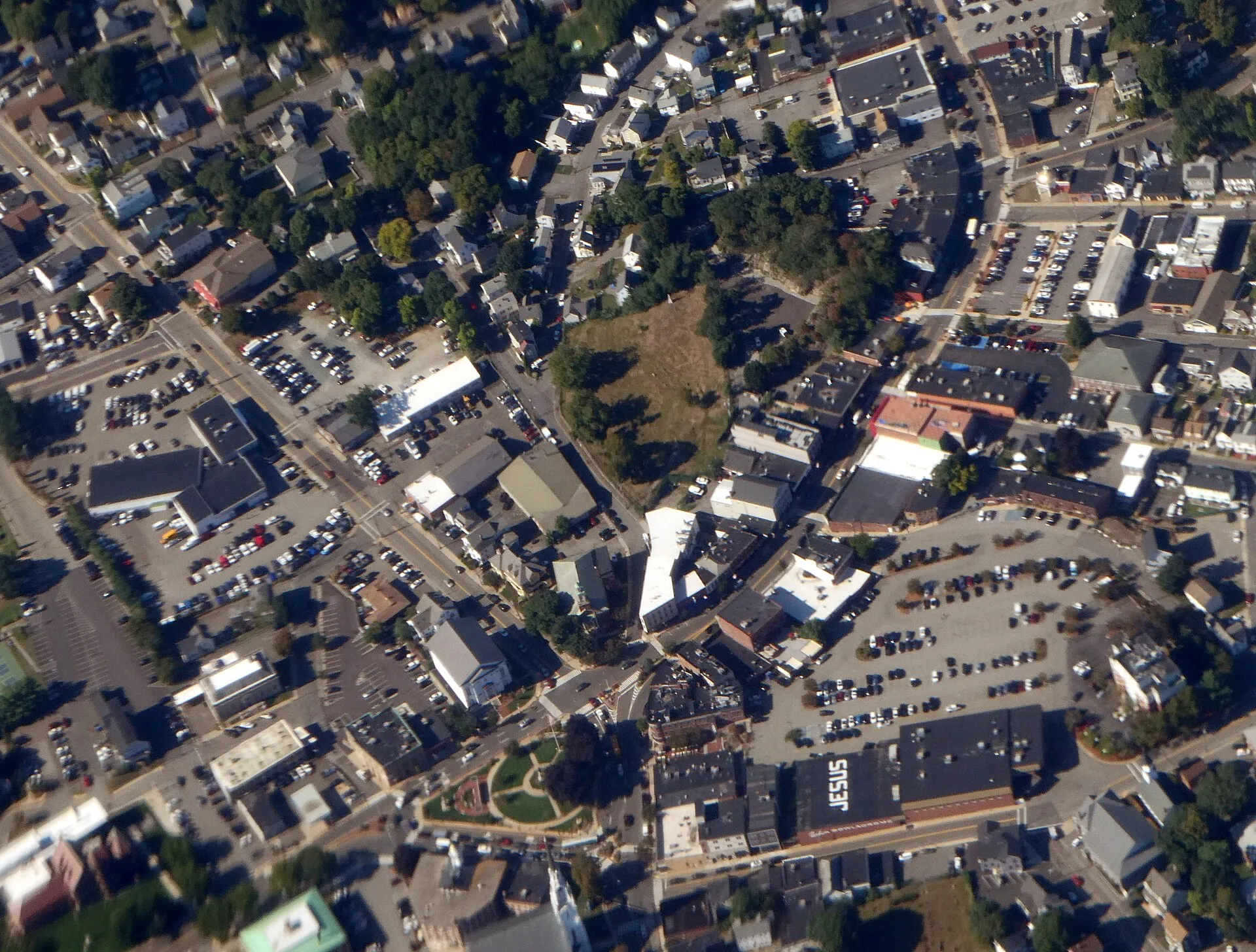 Aerial view of downtown Woburn, Massachusetts, in September 2024.