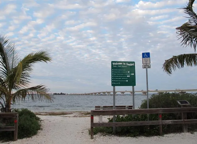 The Sanibel Causeway seen from the bay side of Sanibel, looking toward the mainland.