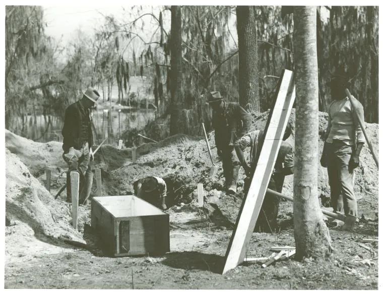 Digging out a cemetery for relocation from the Santee-Cooper basin, near Bonneau (1940s).
