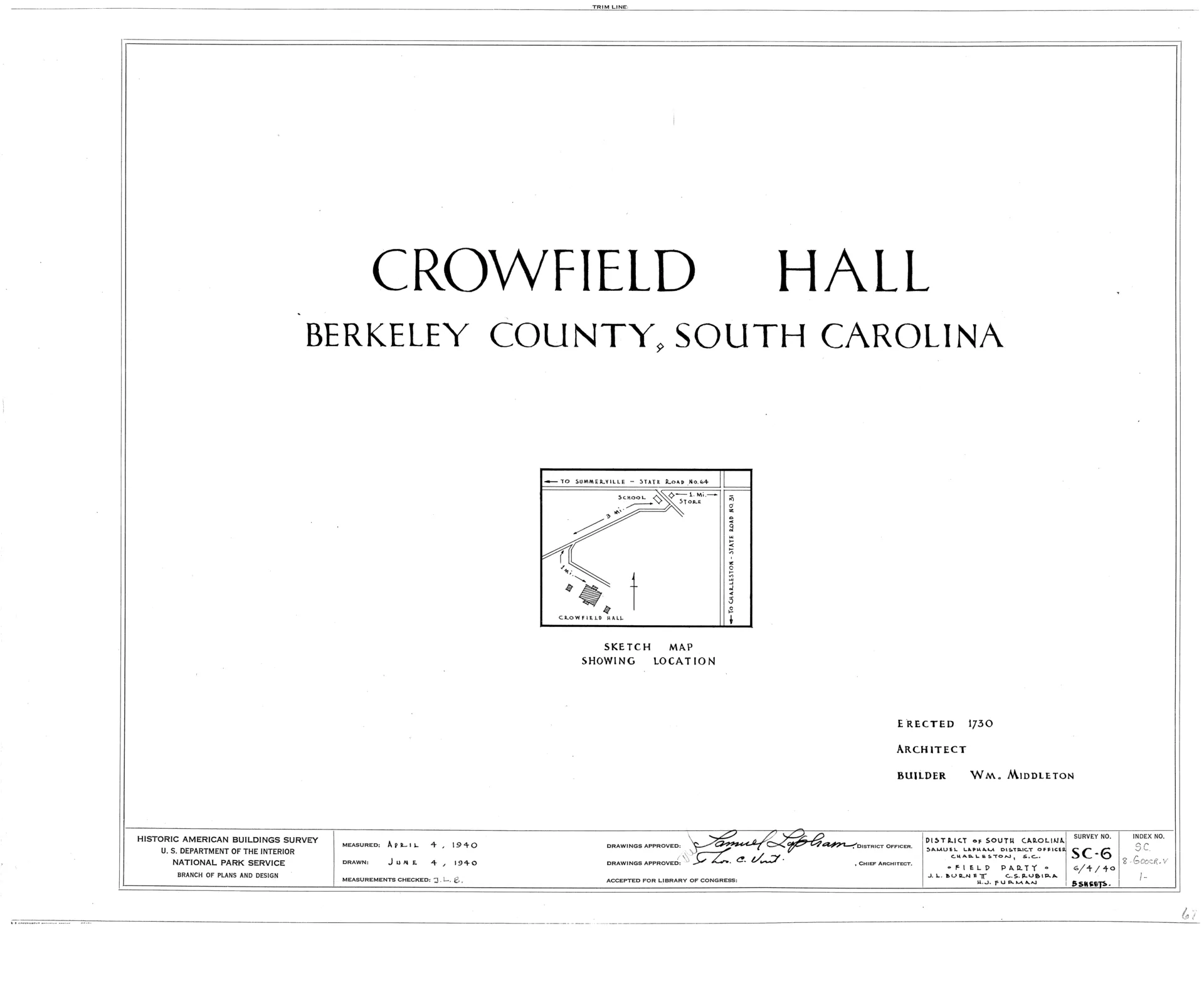 Historic American Buildings Survey drawing of Crowfield Plantation ruins, Goose Creek.