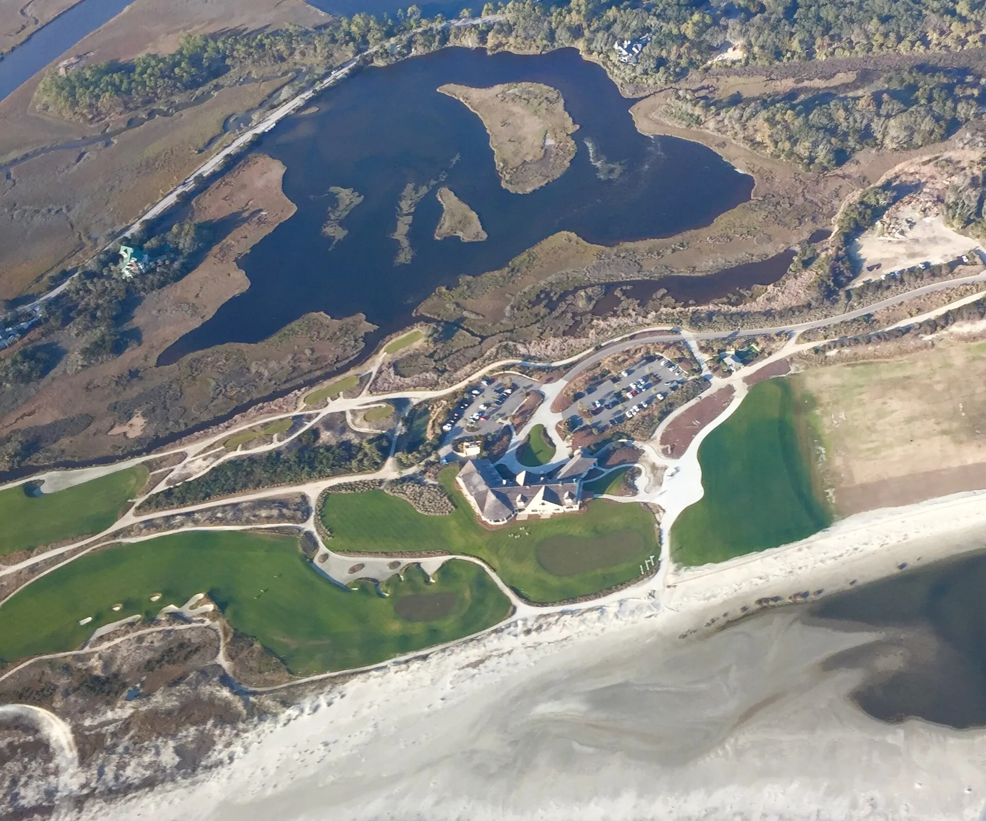 Aerial view over The Ocean Course on Kiawah Island.