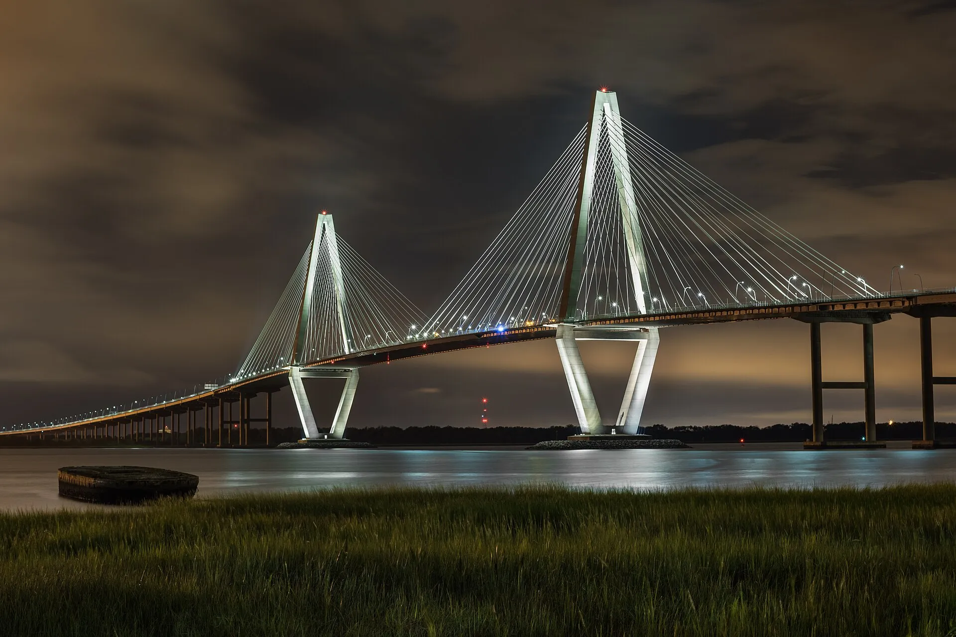 The Arthur Ravenel Jr. Bridge at night, viewed from Mount Pleasant.