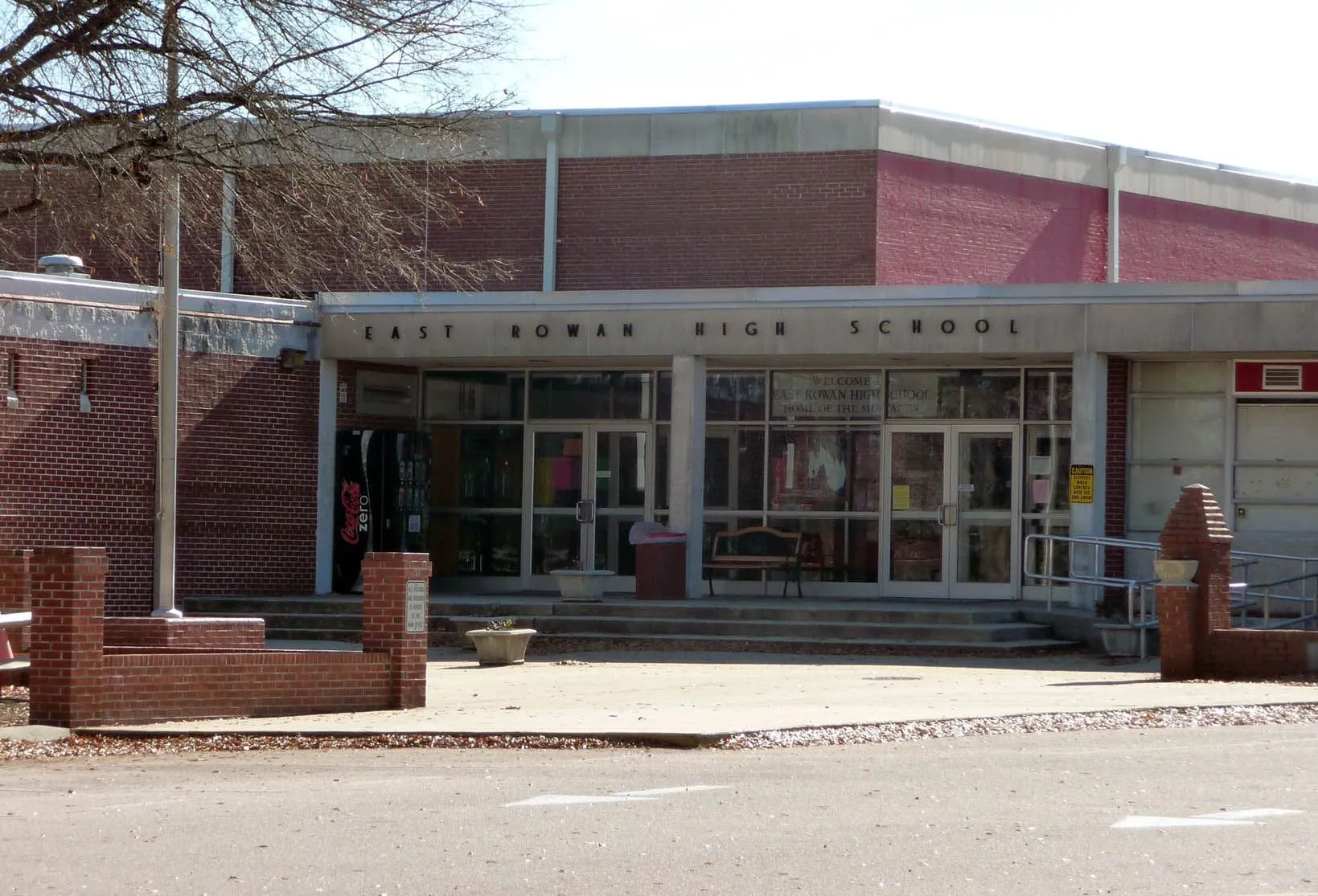 View of the entrance to East Rowan High School in Granite Quarry, North Carolina.
