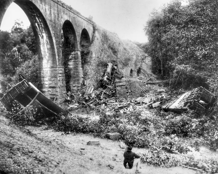 Nearby Harmony area: Bostian Bridge Train Wreck. The locomotive and remains of wooden passenger cars at the base of the 60-foot-high Bostian Bridge over Third Creek near Statesville.