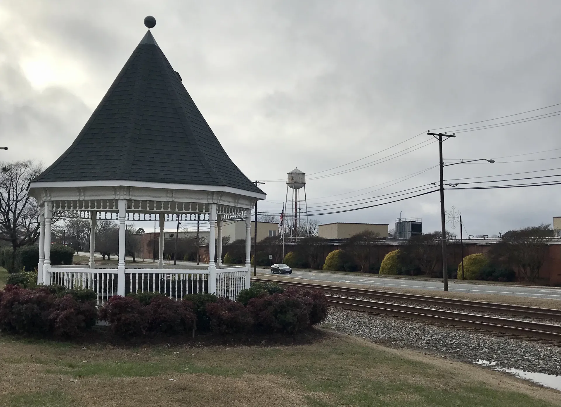 Facing Gazebo, rail line and former Parkdale Mills Plant 23 in Landis