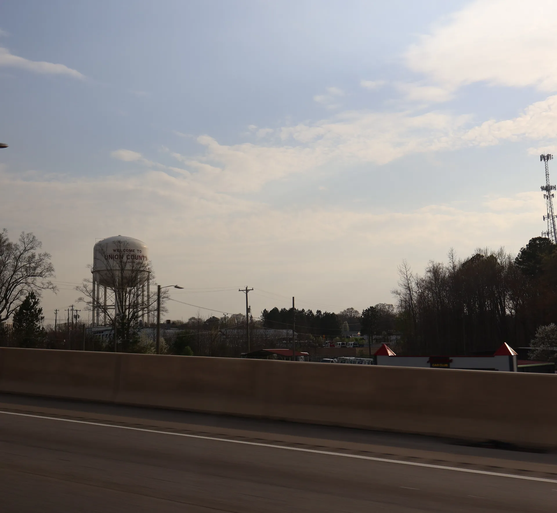 Nearby Marvin area: Union County welcome water tower seen from US 74 in North Carolina.