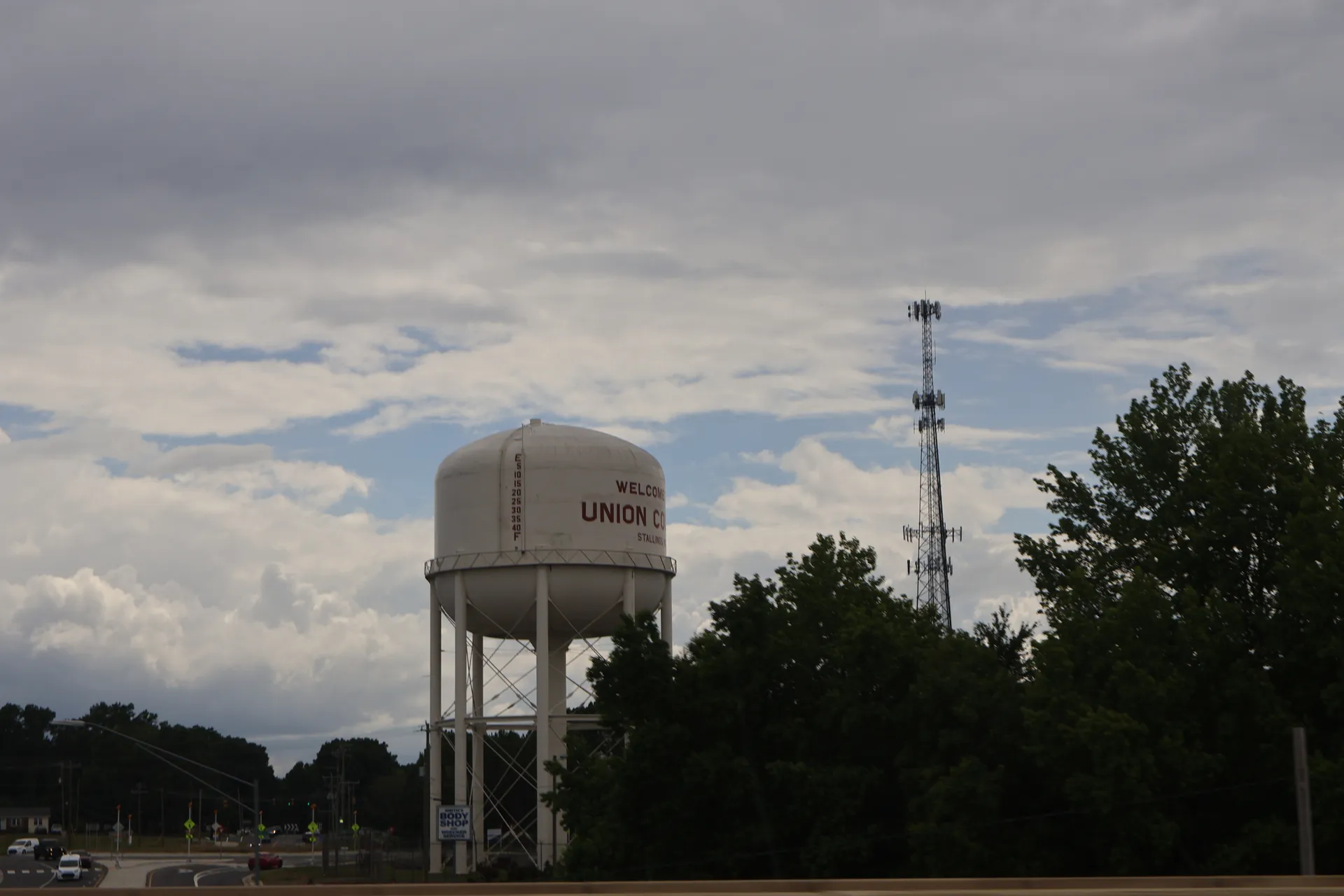 Nearby Unionville area: Union County Water Tower seen from U.S. Route 74 in Union County, North Carolina.