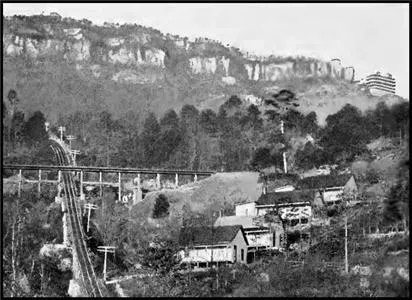 The trestle of the Chattanooga and Lookout Mountain Railway passing over the Incline Railway on its way up Lookout Mountain.  — License:
