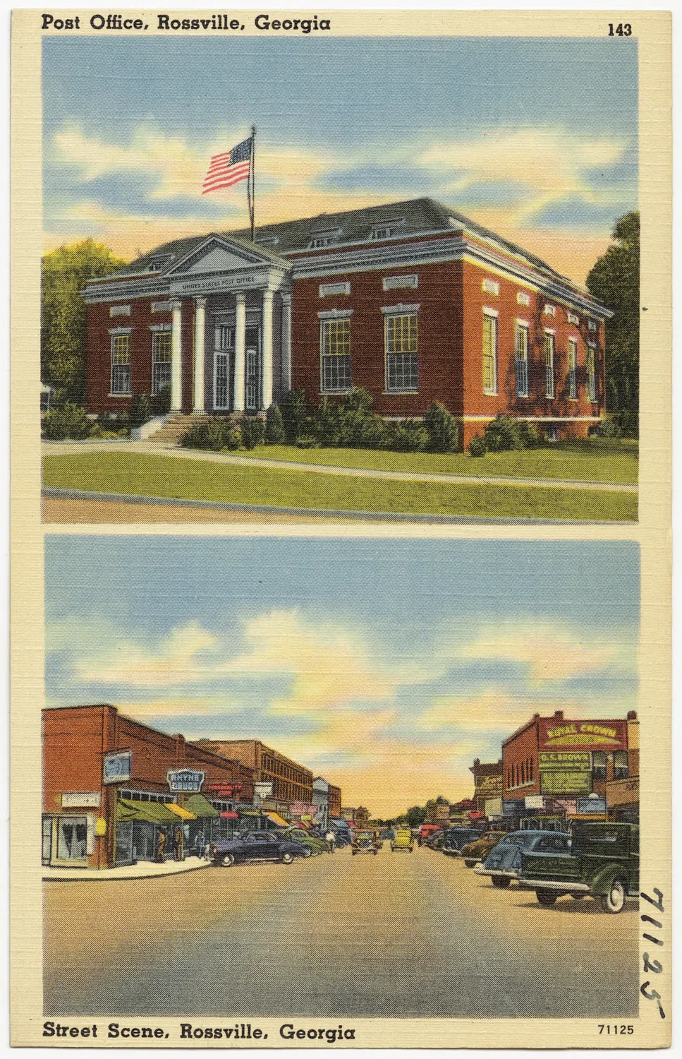 Historic postcard: Post Office, Rossville, Georgia, street scene (circa 1930–1945). — License: