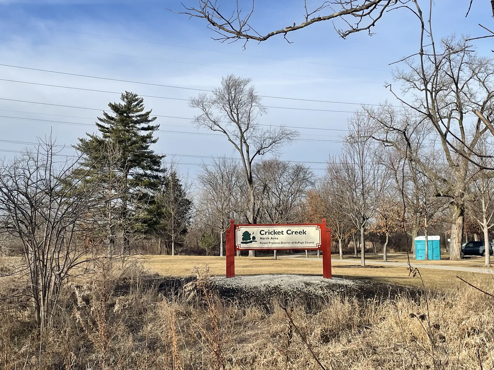 Sign at the parking lot, Cricket Creek Forest Preserve North Area