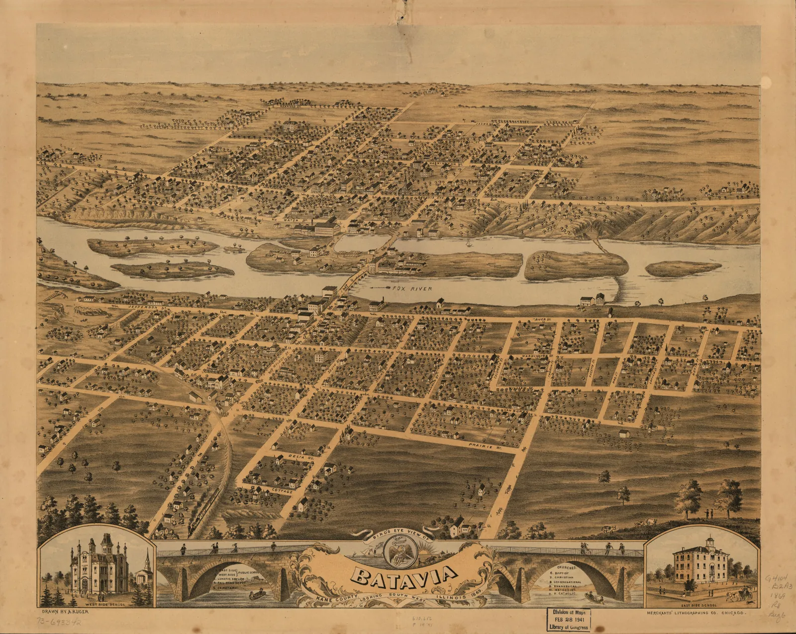 Bird's-eye view of Batavia, Kane County, Illinois, 1869 (Library of Congress panoramic map)
