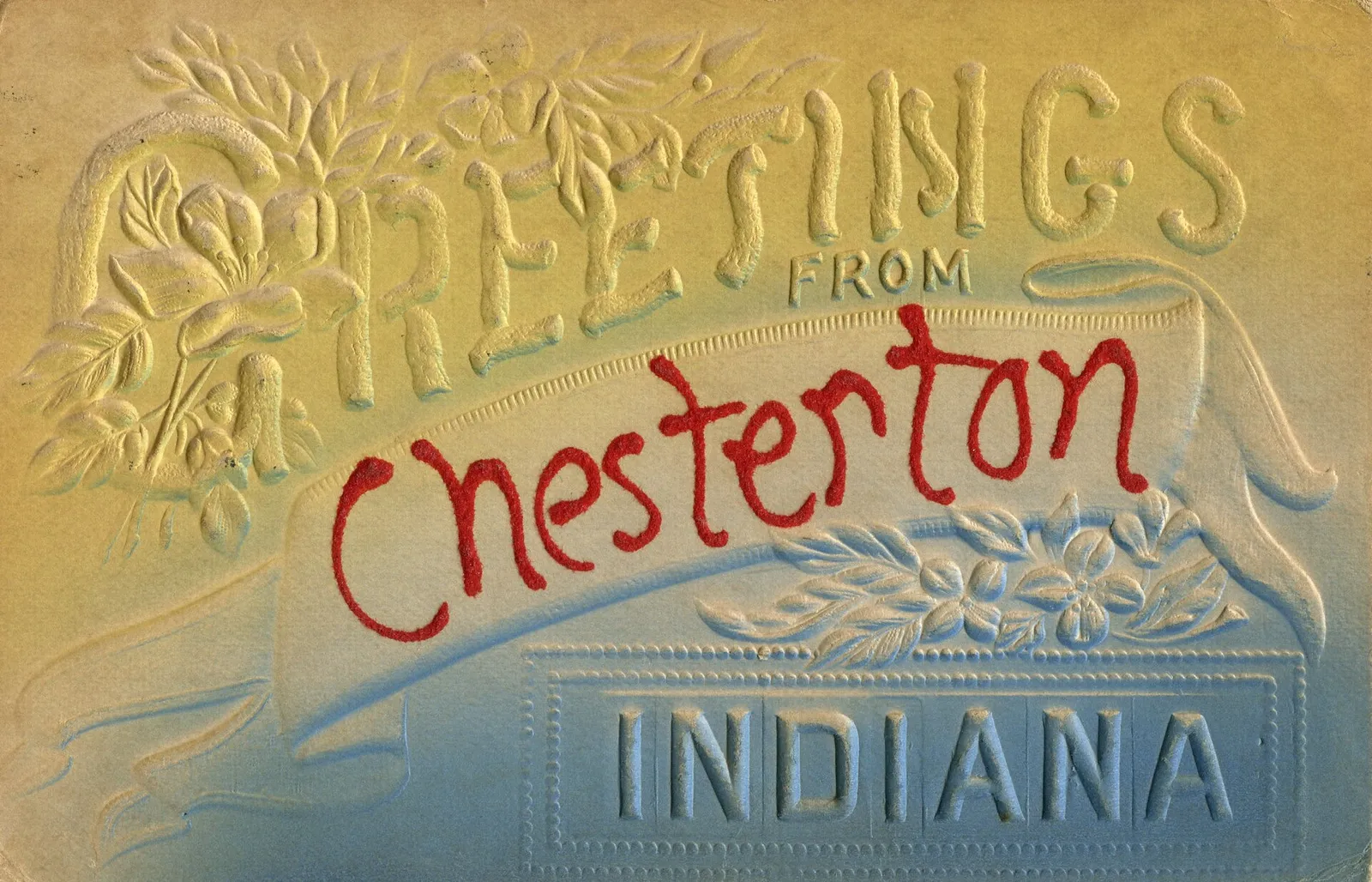 GREETINGS FROM Chesterton INDIANA Date: 1910 Source Type: Postcard Publisher, Printer, Photographer: Unknown Postmark: April 20, 1910, Chesterton, Indiana Collection: Steven R. Shook Copyright 2007. Some rights reserved. The associated text may not be reproduced or transmitted in any form or by any