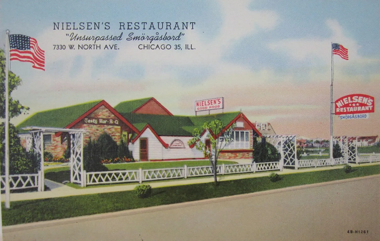 Postcard depicting Nielsen's Restaurant in Elmwood Park, Illinois. The restaurant opened in this location in 1935 and closed its doors i..