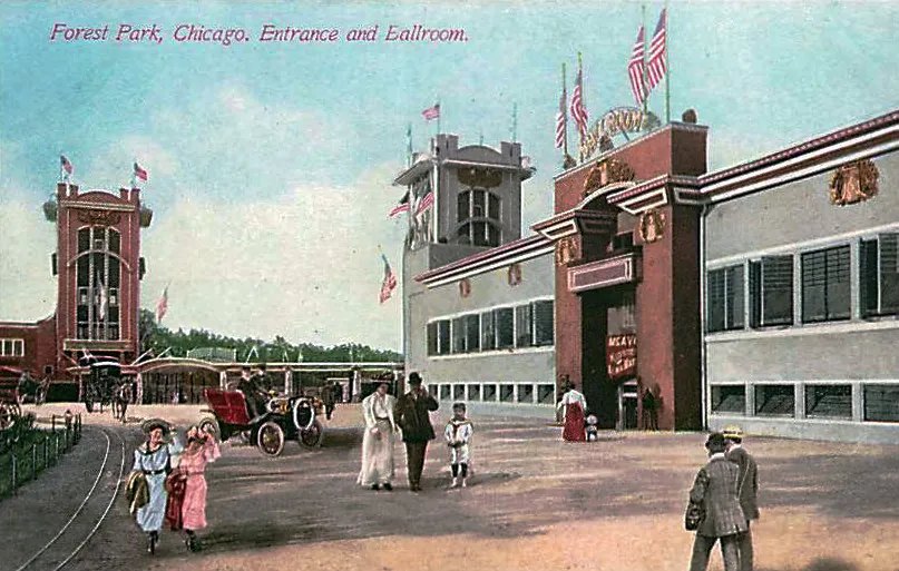 Postcard view of the entrance to the former Forest Park Amusement Park and the Ballroom connected with the park — Forest Park, Illinois. ..