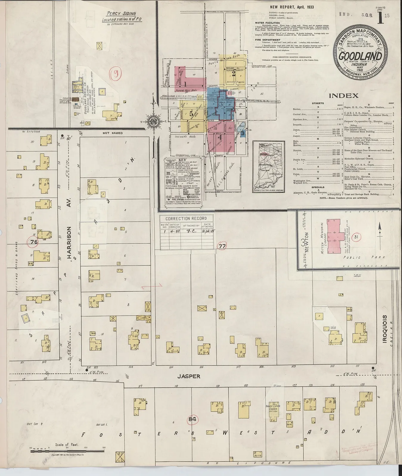 Sanborn Fire Insurance Map from Goodland, Newton County, Indiana, 1933, Plate 0001