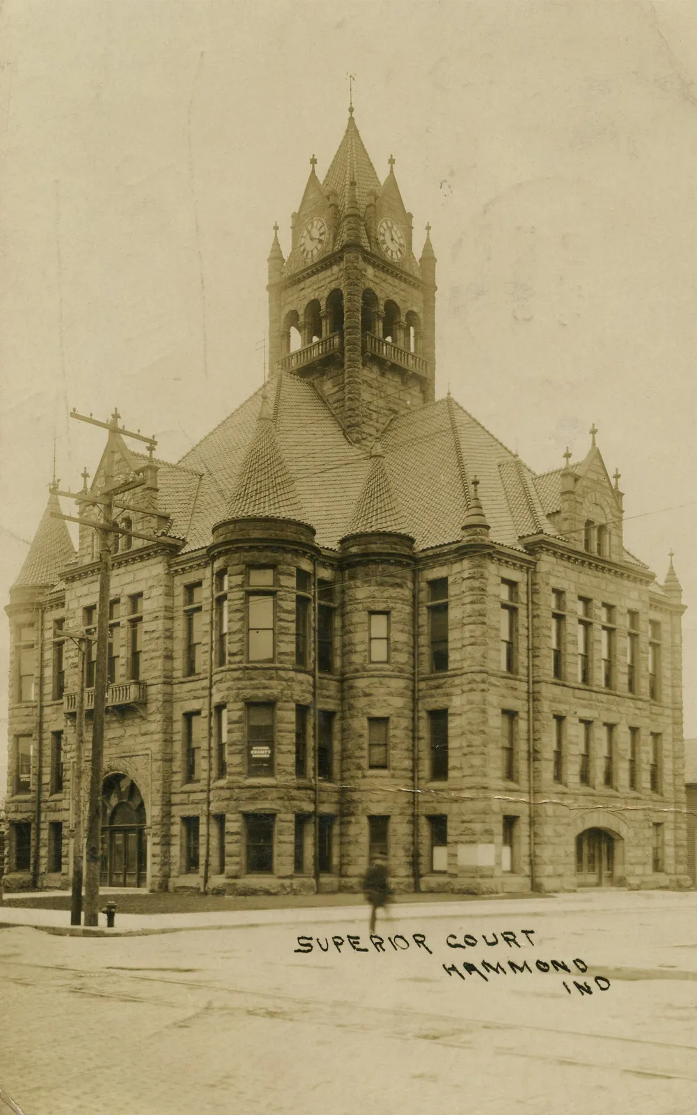 Superior Court Hammond, Indiana Date: 1908 Source Type: Postcard Publisher, Printer, Photographer: Unknown Postmark: July 13, 1908, Hammond, Indiana Collection: Steven R. Shook Remark: The structure seen here was the Superior Court House, constructed in 1903. The building no longer exists, it was de