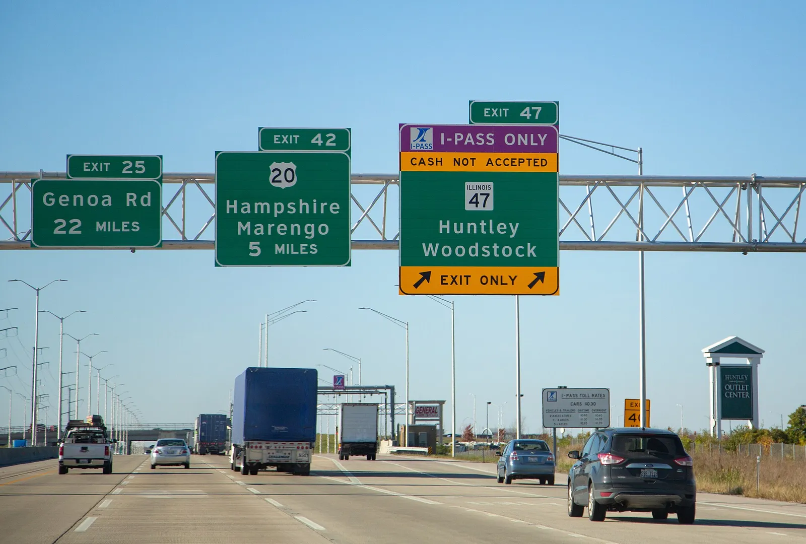 I-90 Jane Addams Memorial Tollway signage in Huntley