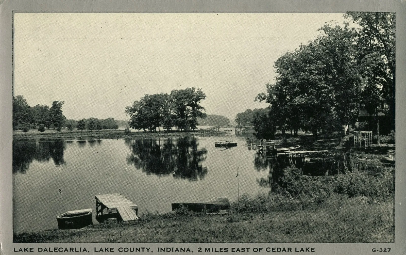 Lake Dalecarlia, Lake County, Indiana, 2 miles east of Cedar Lake LAKE DALECARLIA, LAKE COUNTY, INDIANA 2 MILES EAST OF CEDAR LAKE Date: Circa 1935 Source Type: Postcard Publisher, Printer, Photographer: Wayne Paper Box & Printing Corporation (#G-327) Postmark: None Collection: Steven R. Shook Copyr