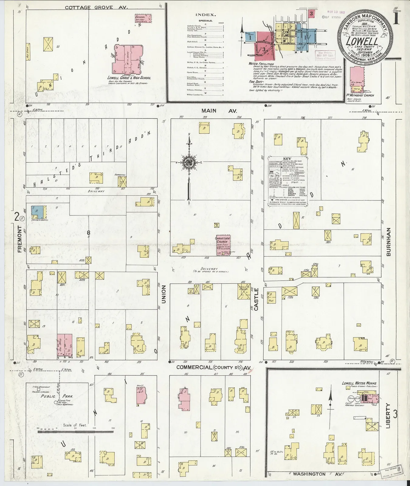 Sanborn Fire Insurance Map from Lowell, Lake County, Indiana, 1909, Plate 0001