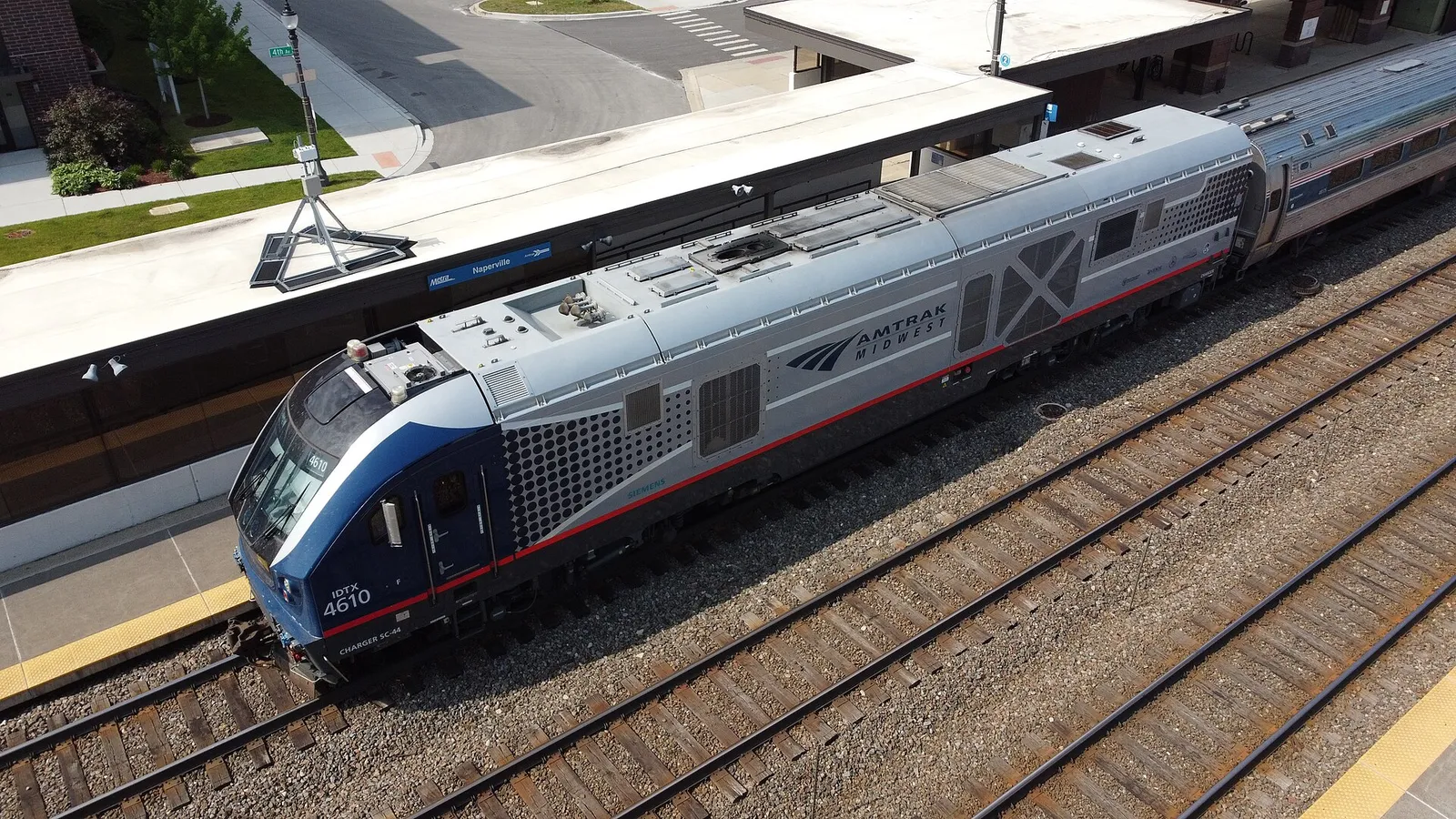 Amtrak SC-44 locomotive #4610 with the eastbound Illinois Zephyr (train #380) at Naperville station in June 2021