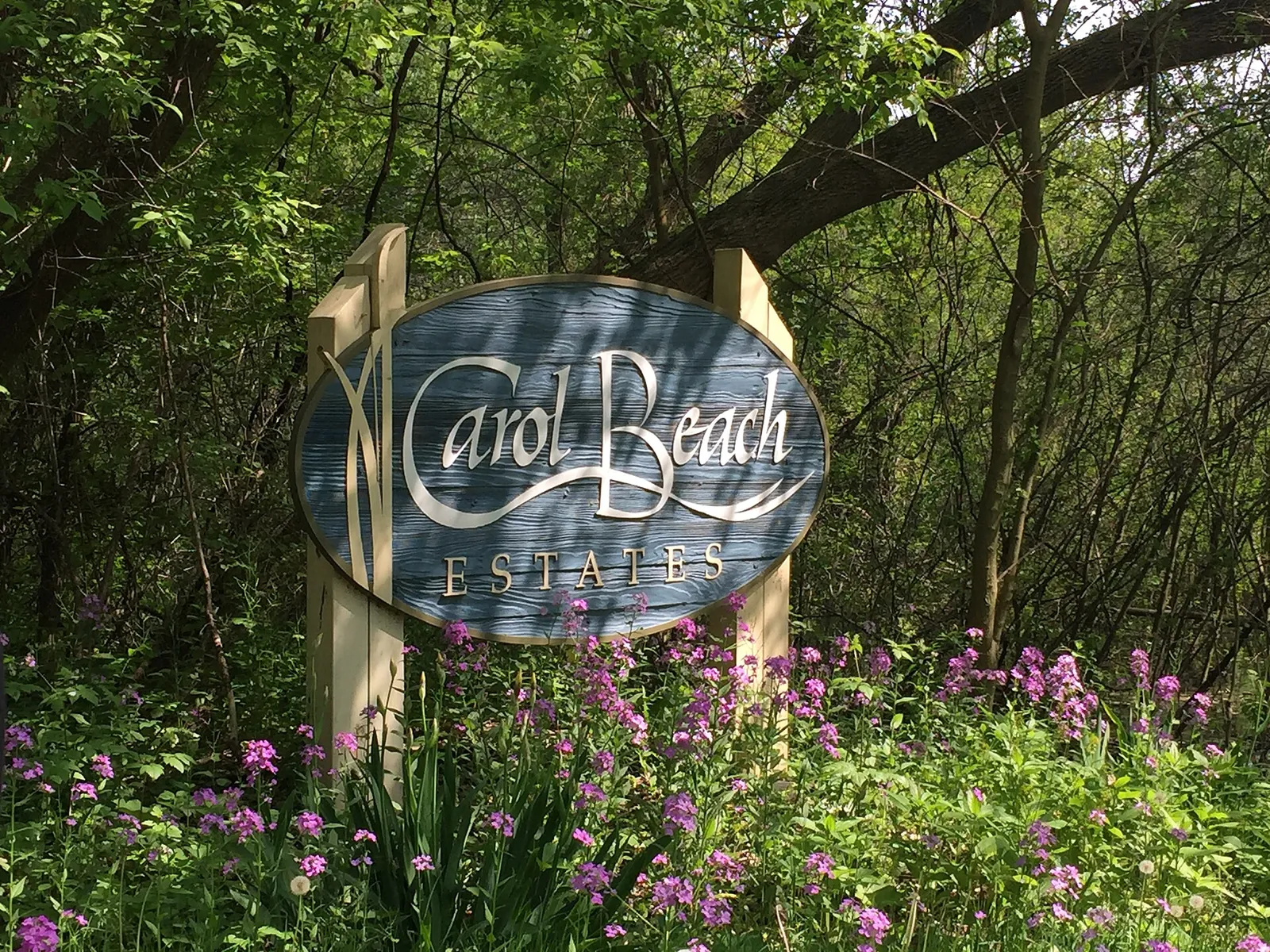 Carol Beach sign at the north entry in summer, on Lake Michigan in Pleasant Prairie
