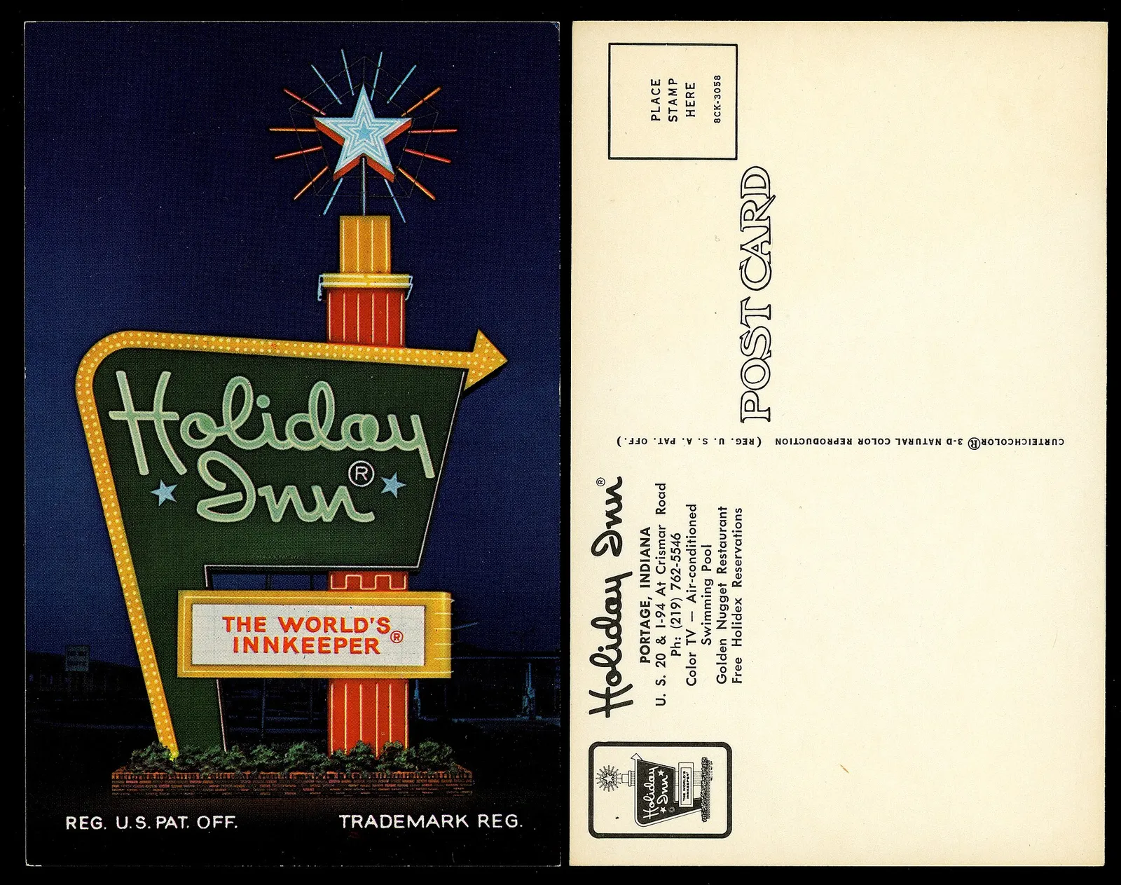 Holiday Inn THE WORLD'S INNKEEPER Date: 1958 Source Type: Postcard Printer, Publisher, Photographer: Curt Teich (#8CK-3058) Postmark: None Collection: Steven R. Shook Remark: Printed on the reverse of this postcard is the following information: Holiday Inn PORTAGE, INDIANA U. S. 20 & I-94 At Crisman