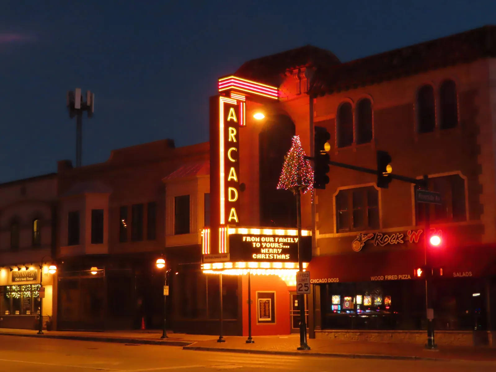 The Arcada Theater in St. Charles at night on Christmas Day 2021