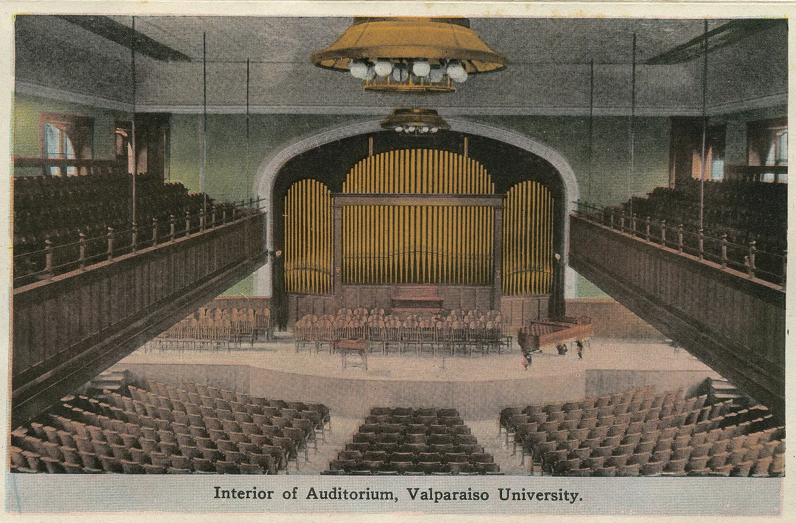 Interior of Auditorium, Valparaiso University. Date: 1918 Source Type: Postcard Folder Publisher, Printer, Photographer: E. C. Kropp Company Postmark: July 16, 1918, Valparaiso, Indiana Collection: Steven R. Shook Remark: The Auditorium at Valparaiso University was constructed in 1892. It served as