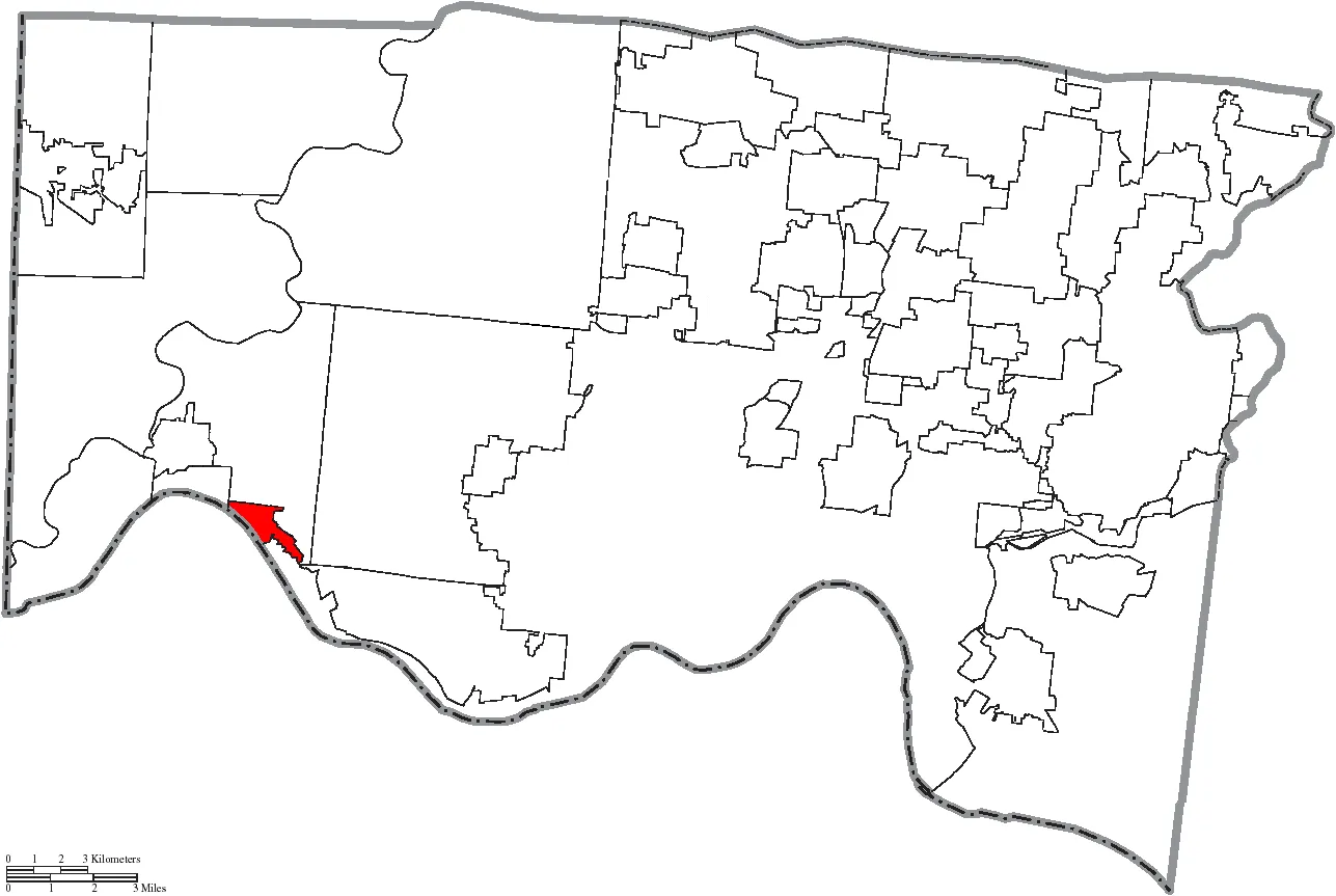 Map of the municipal and township boundaries of Hamilton County, Ohio, United States, as of the 2000 census, with the location of the village of Addyston highlighted. Township borders are shown only in unincorporated ar