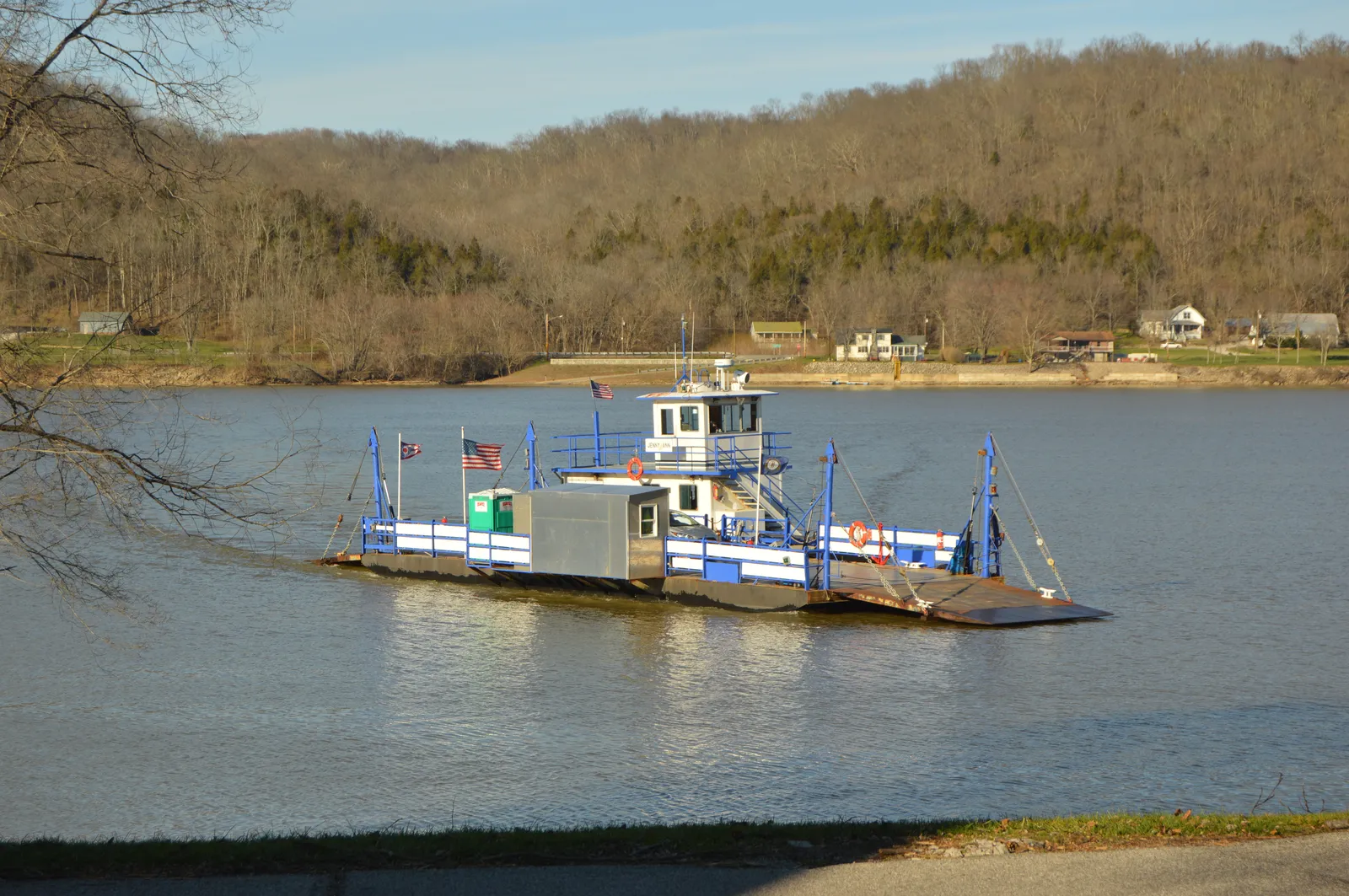 The Augusta Ferry, pushed by the 2000-built Jenny Ann, prepares to dock on the southern side of the Ohio River. Photo looks north from the junction of Parkview Street and Riverside Drive in Augusta, Kentucky, United Stat