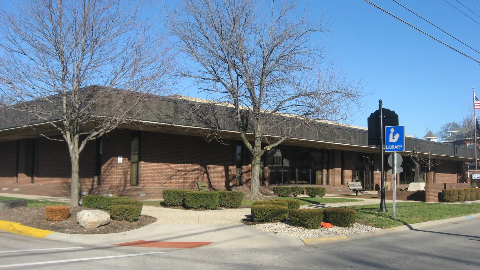 Front of the Batesville Memorial Public Library, located at 131 N. Walnut Street (State Road 229) in Batesville, Indiana, United States.