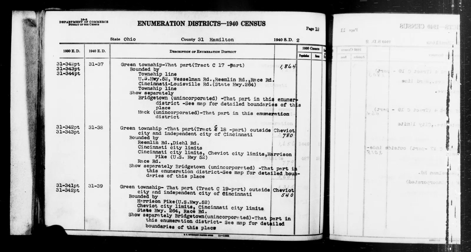 Scope and content: This item lists Enumeration Districts for: OH ED 31-37: GREEN TOWNSHIP (TRACT C-17 - PART) BOUNDED BY (N) TOWNSHIP LINE; (E) U.S. HIGHWAY 52, WESSELMAN RD, REEMLIN RD, RACE RD; (S) CINCINNATI-LOUISVILL