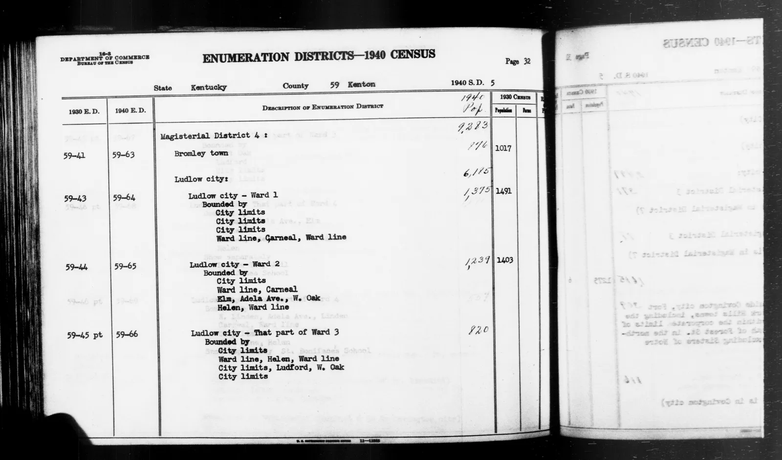 Scope and content: This item lists Enumeration Districts for: KY ED 59-63: MAGISTERIAL DISTRICT 4, BROMLEY TOWN. KY ED 59-64: MAGISTERIAL DISTRICT 4, LUDLOW CITY WARD 1 BOUNDED BY (N) CITY LIMITS; (E) CITY LIMITS; (S) CI