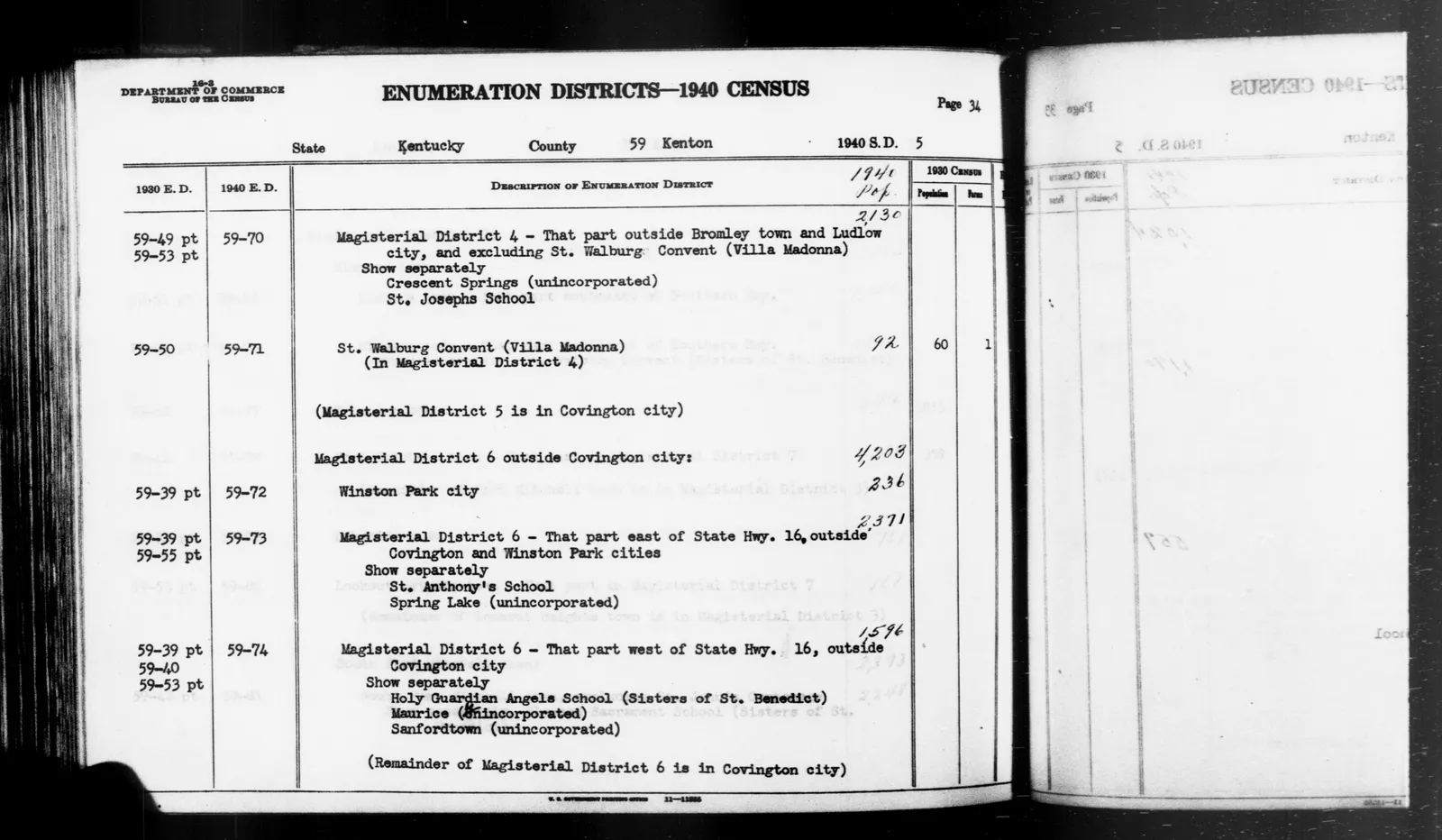 Scope and content: This item lists Enumeration Districts for: KY ED 59-70: MAGISTERIAL DISTRICT 4 OUTSIDE BROMLEY TOWN AND LUDLOW CITY, CRESCENT SPRINGS, ST. JOSEPH'S SCHOOL. KY ED 59-71: MAGISTERIAL DISTRICT 4, ST. WALB