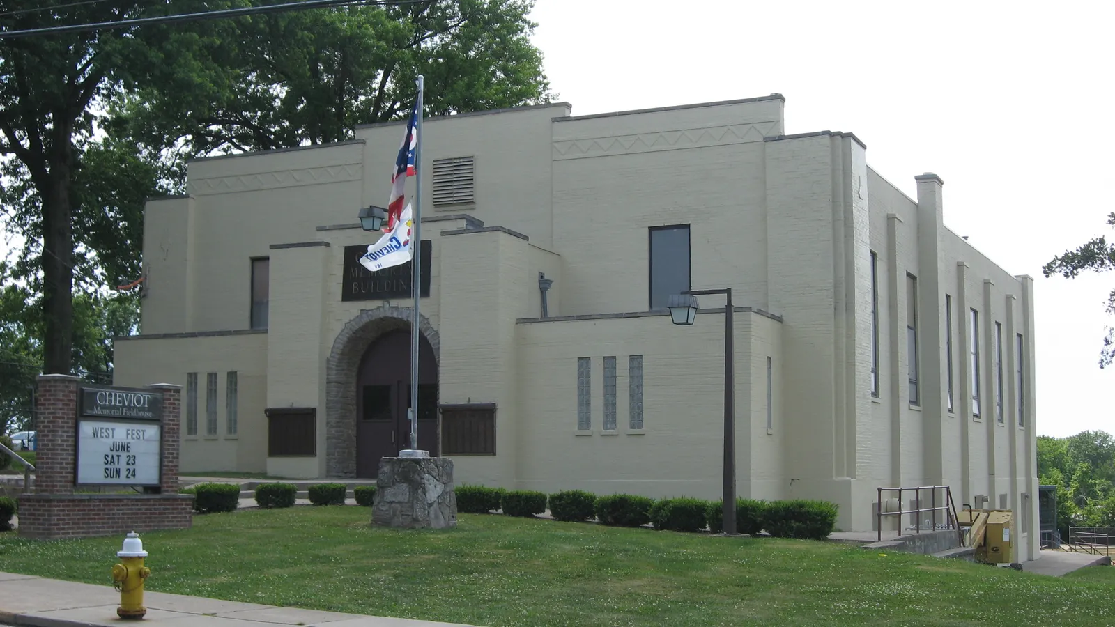 Front and northern side of the Cheviot Fieldhouse, located at 3729 Robb Avenue in Cheviot, Ohio, United States. Built in 1936, it is listed on the National Register of Historic Places.
